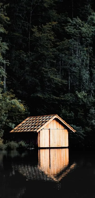 A tranquil wooden cabin by a forested lake, reflecting in calm waters.