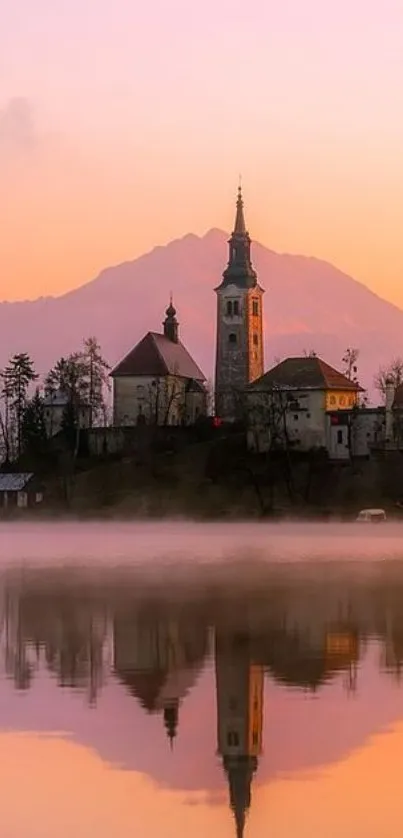 Castle by a serene mountain lake at sunset with soft pastel pink and orange skies.