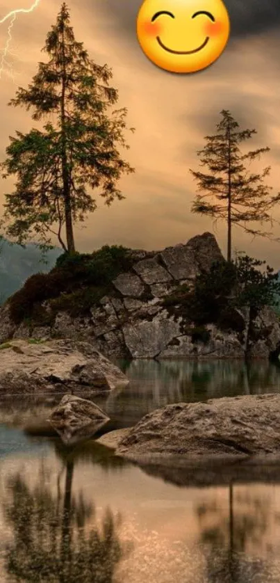 Serene lake with emoji under a stormy sky.