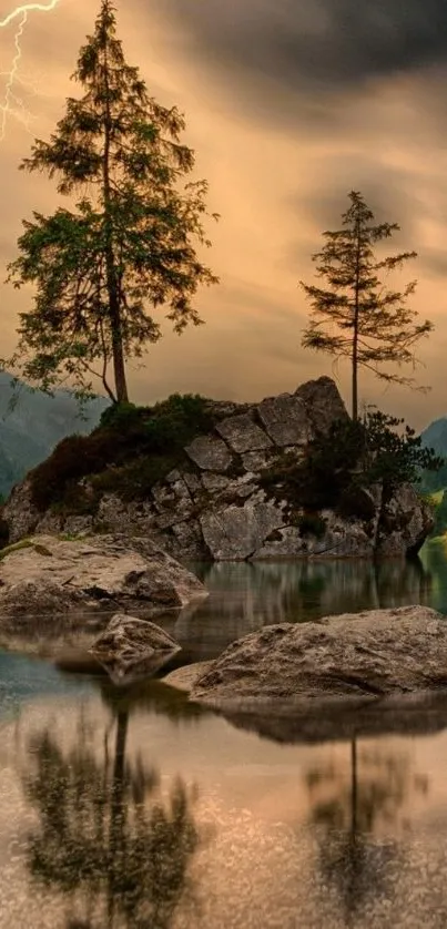 Serene lake landscape with lightning and tree reflections.