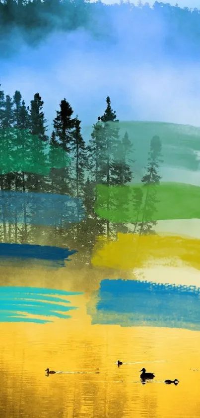 Misty forest and lake with ducks and colorful brushstrokes.