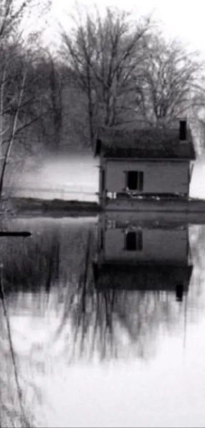 Monochrome lake house reflection in nature.