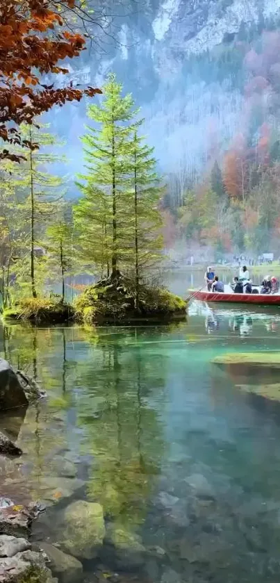 Tranquil lake with autumn forest and boat, perfect for mobile wallpaper.