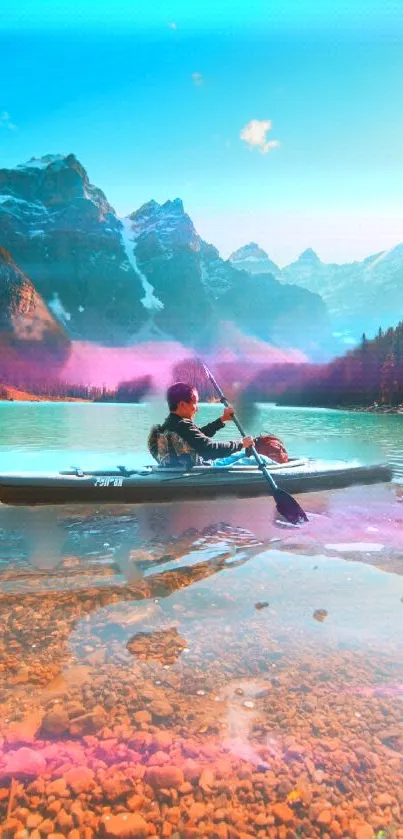 Kayaker explores a serene mountain lake with scenic views and clear blue water.