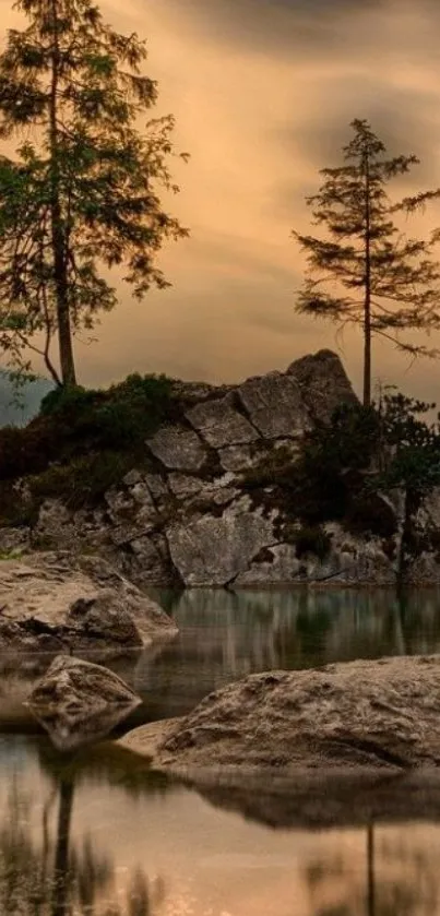 Serene lake landscape with reflecting water and dramatic skies.