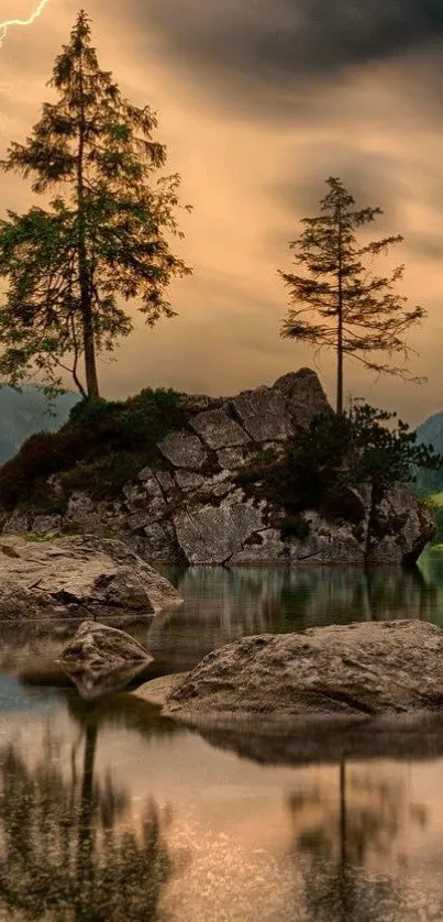 Peaceful lake landscape with trees and lightning in golden hues.