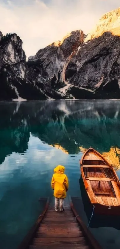 Yellow jacket person at mountain lake with reflection.