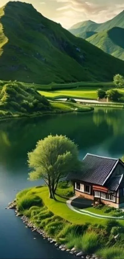 Scenic green island with house and lake.