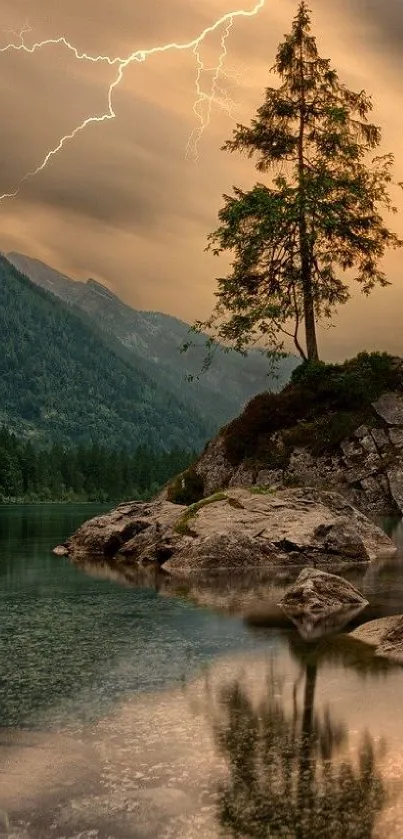 Calm lake with tree and mountains under a stormy sky.