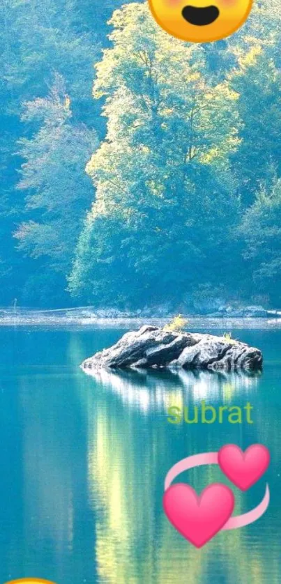 Serene lake with forest and heart emojis on mobile wallpaper.