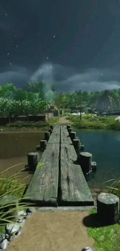 Wooden pathway through lush greenery by a lake.