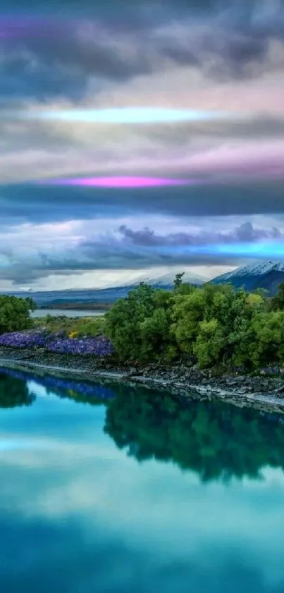 A serene lake with reflections under a cloudy sky.