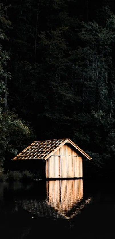 Serene wooden cabin on a calm lake with forest backdrop.