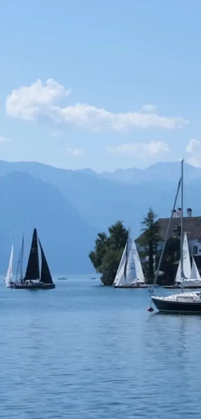 Peaceful lake with sailboats and mountain backdrop.