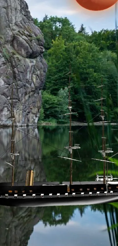 Serene lake with a ship, greenery, cliffs, and reflective water surface.