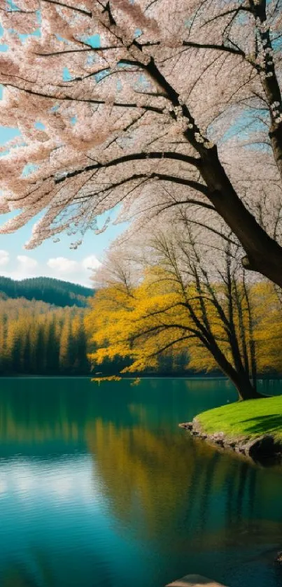 Lake with blooming trees under a clear sky creating a serene spring scene.