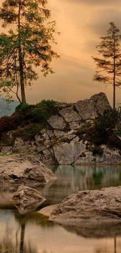 Serene sunrise over lake with tree reflections and dramatic skies.