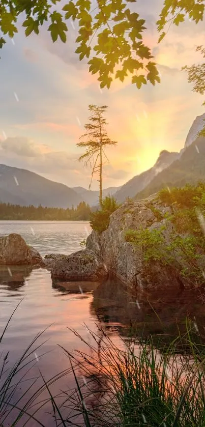 Serene sunrise over a tranquil lake with lush greenery and mountains.