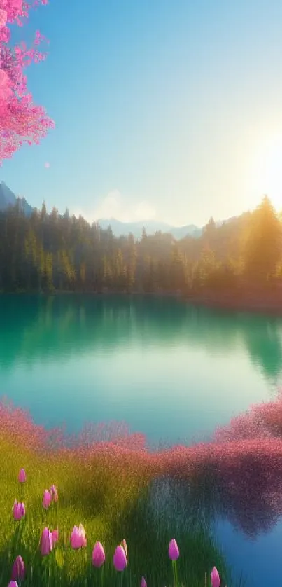 Serene sunrise over a lake with pink flowers and lush forests.