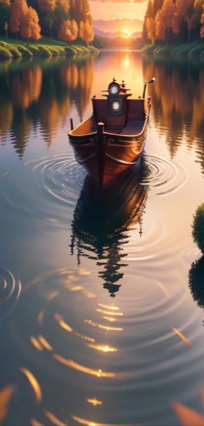 A wooden boat on a peaceful lake during sunset with reflections and orange hues.