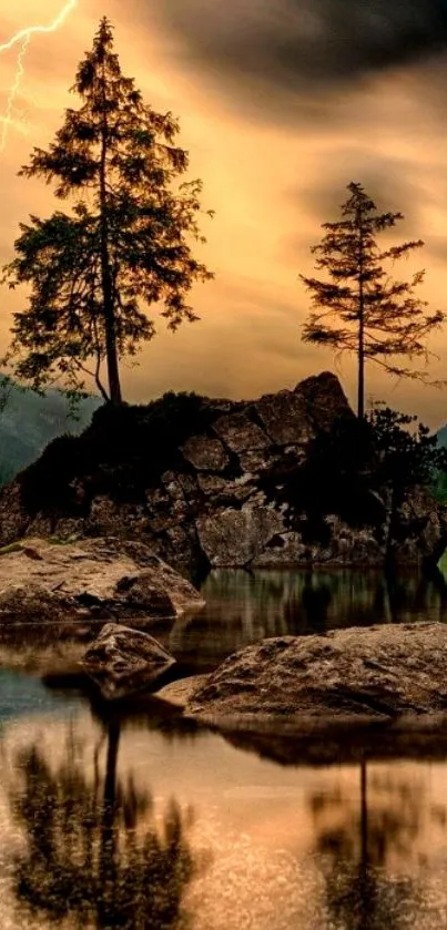 Scenic lake wallpaper with sunset, trees, and lightning.