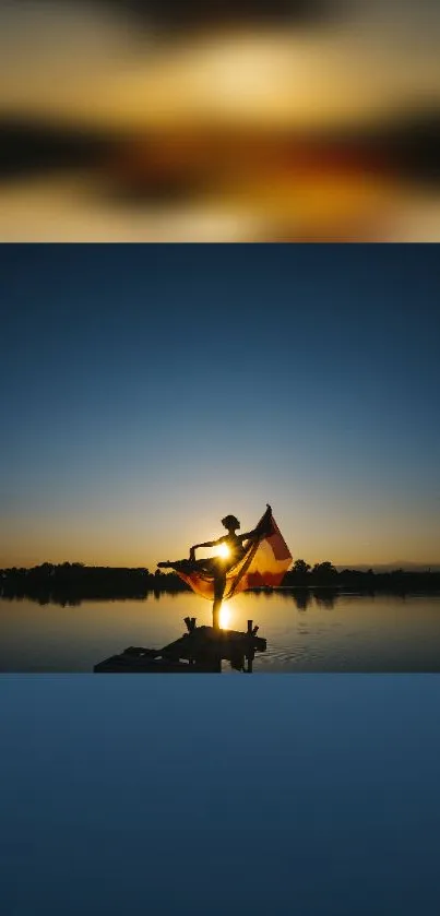 Silhouette of a person with a flag on a lake during sunset.