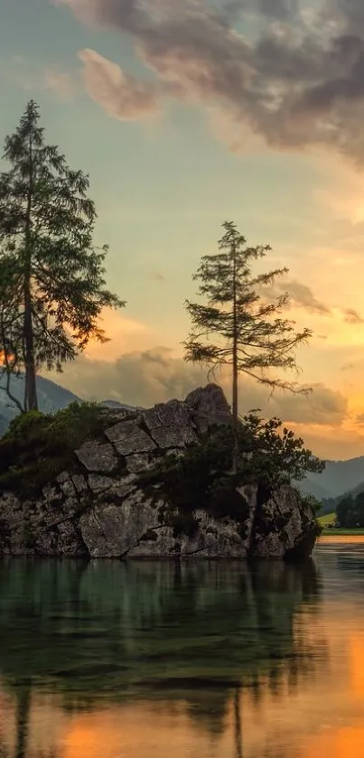 Serene lake with sunset and trees reflecting in calm waters.