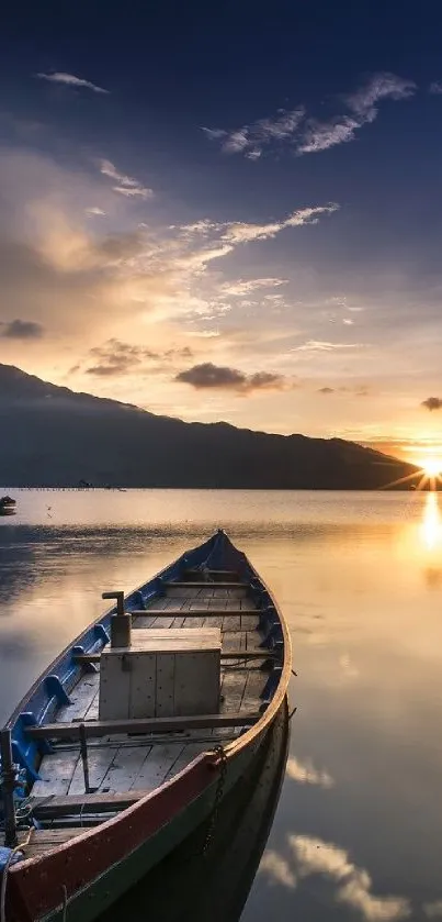 Serene lake with sunset and boat reflecting on water.