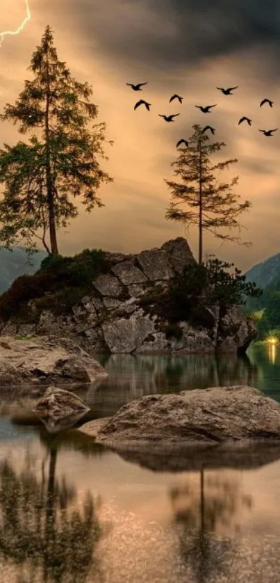 Serene lake with sunset, trees, and birds in a tranquil landscape.