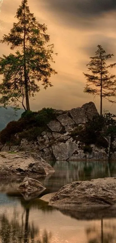 Lake with trees at sunset, reflecting serene and earthy tones.