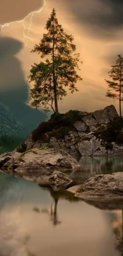 Sunset lake view with trees and rocky reflections.