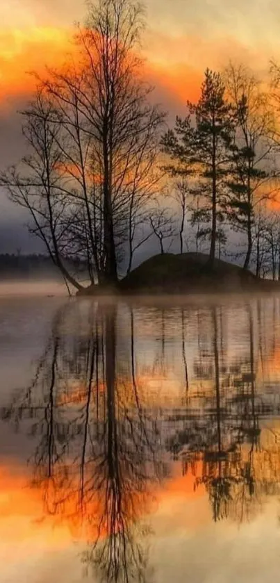 A serene lake at sunset with orange sky reflections and silhouetted trees.