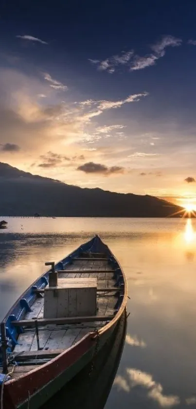 Serene lake at sunset with a boat reflecting tranquil calmness.