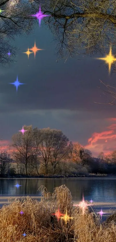 Serene lake at sunset with trees and vibrant sky.