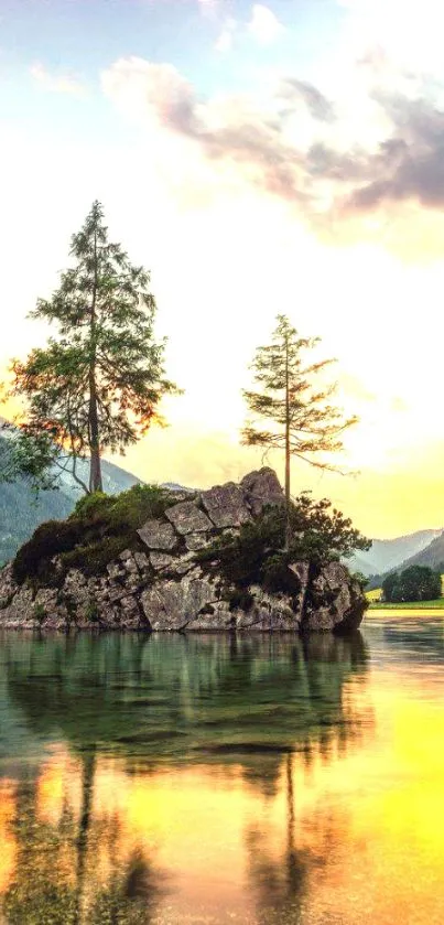 Serene lake sunset with trees, reflecting on calm water.