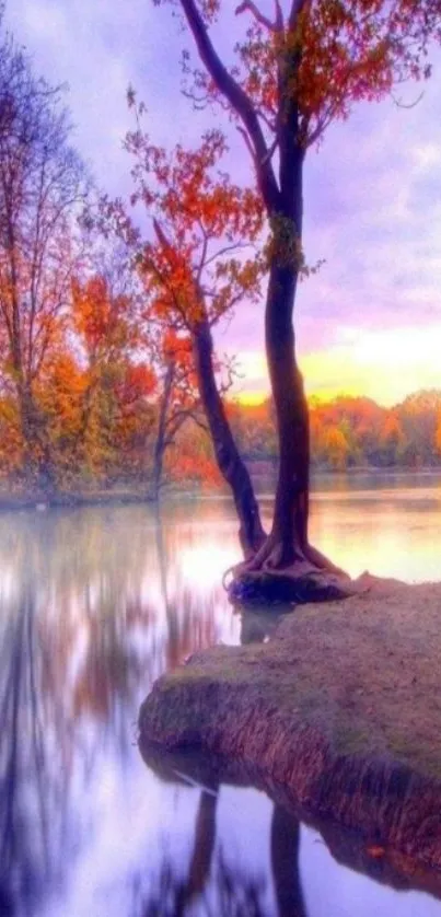 Tranquil lake at sunset with autumn trees reflected.