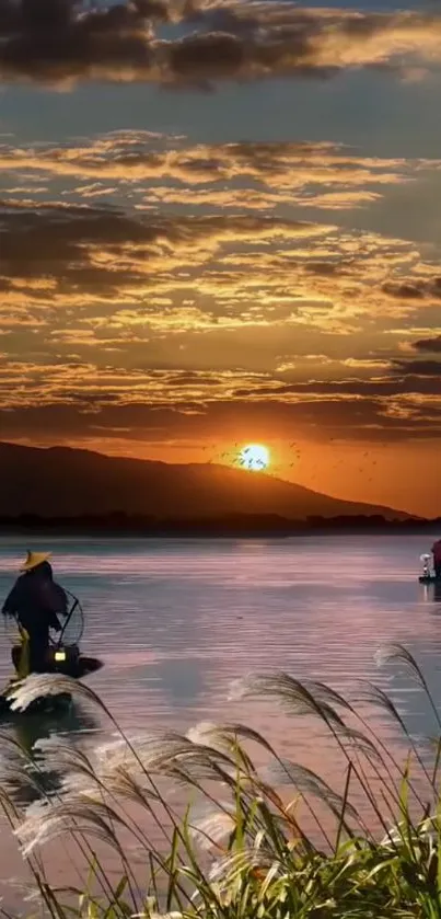 Serene sunset over a tranquil lake with fishermen and vibrant sky.