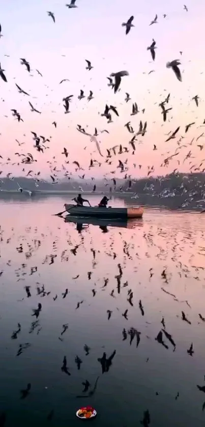 Boat and birds at sunset on a peaceful lake.