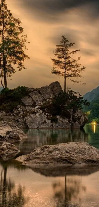 Serene sunset over a tranquil lake with trees and mountains reflecting in the water.