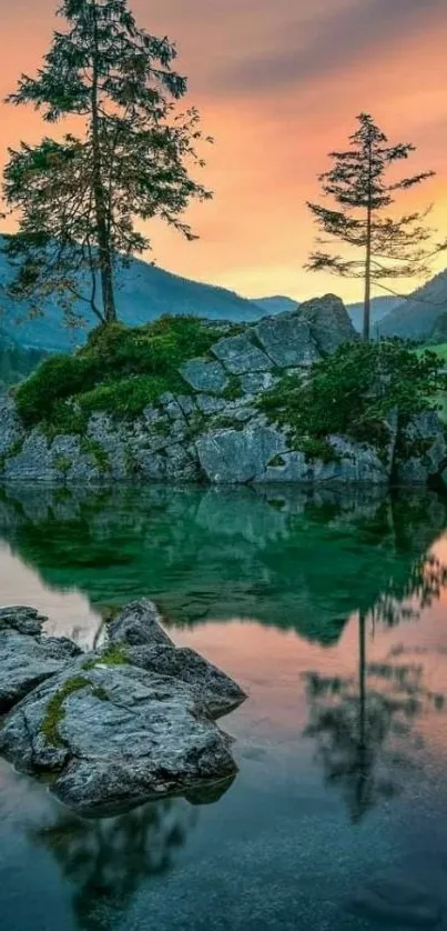 Serene lake at sunset with tree reflection.