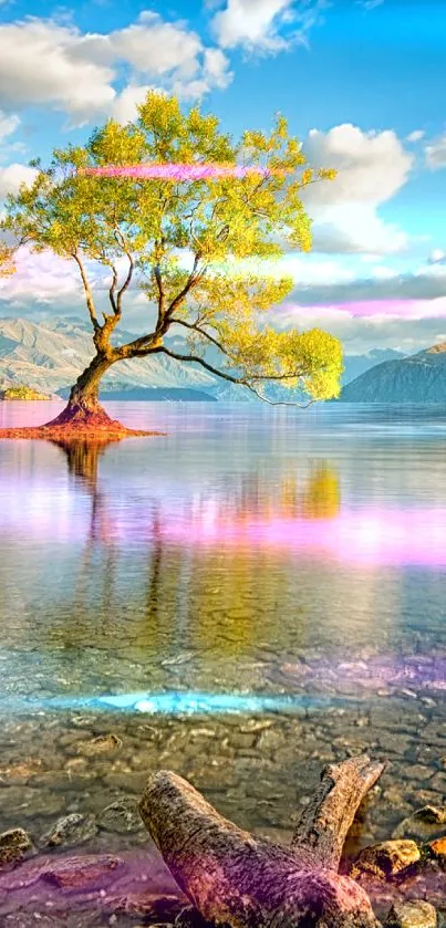 Solitary tree reflecting in a serene lake under a blue sky.