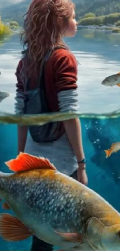 Girl and fish in serene underwater lake scene.