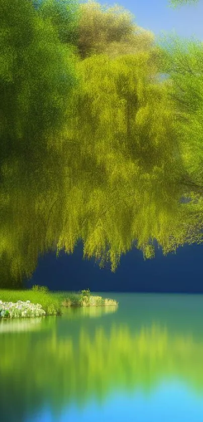 A serene lake view with lush green trees and a calm blue sky.