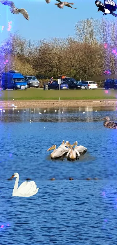 Serene lake with birds and a calm, blue background.