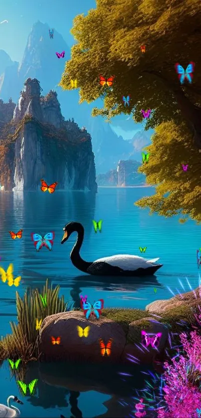 Black swan on a serene lake with vibrant scenery.