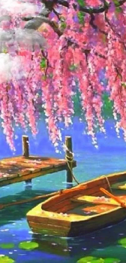 Vibrant lake wallpaper with boat and pink blossoms, perfect for nature lovers.