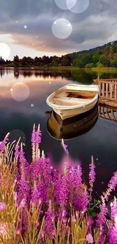 Serene lake with boat and purple wildflowers at sunset.