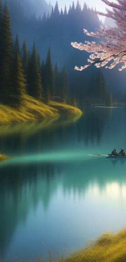 Serene lake with cherry blossoms and mountains at sunrise.