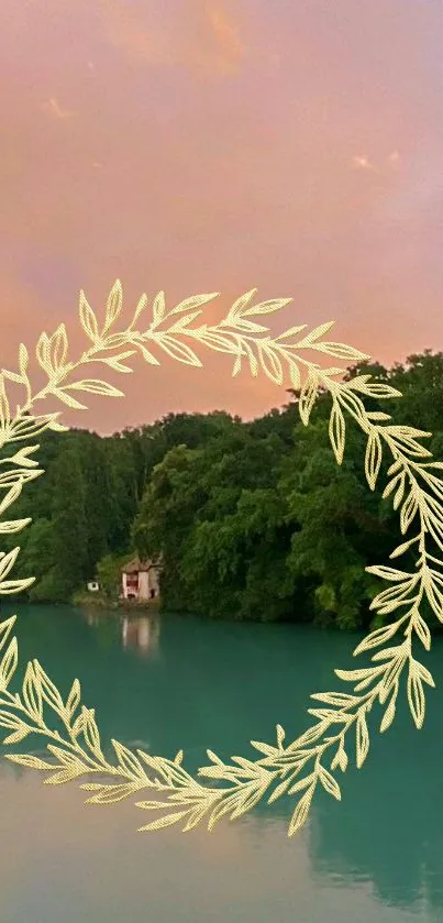 Serene lake with a sunset background and a golden wreath overlay.