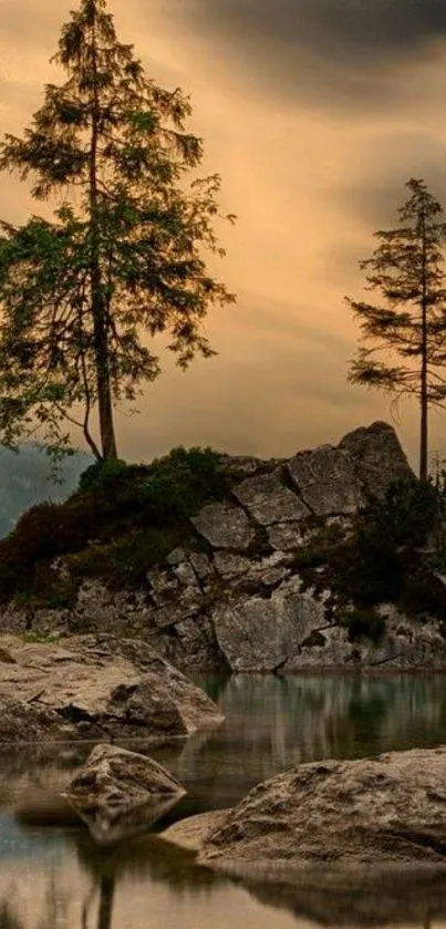 Lake with trees and lightning under a dramatic sky.